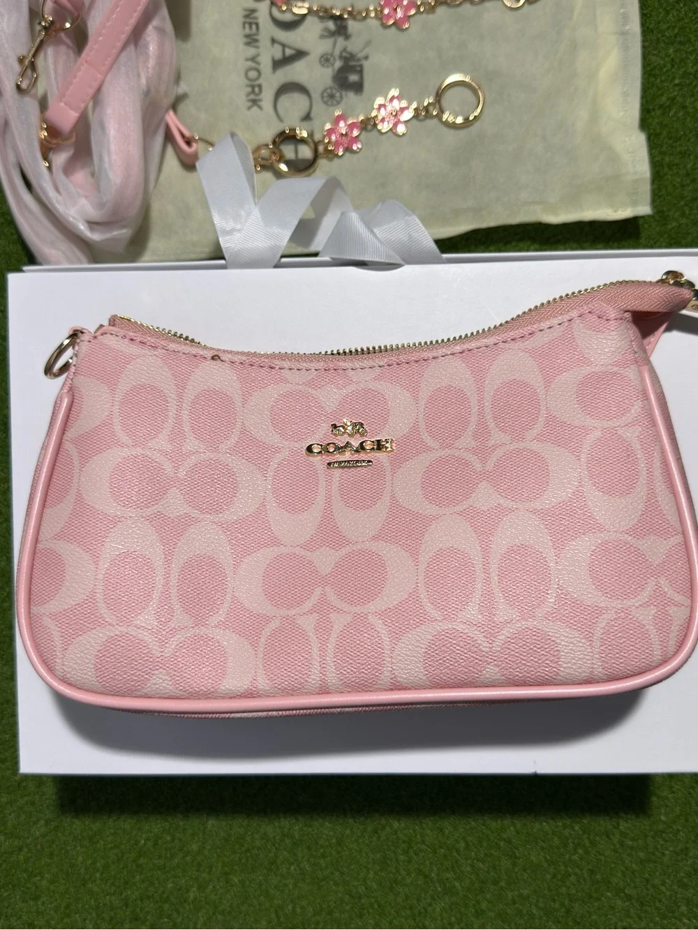 Coach Pink Signature Canvas Wristlet with Floral Charm Chain